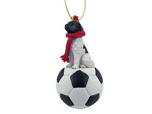 Black and white Landseer Dog on Soccer Ball Christmas Ornament – Hand-Painted Stone Resin