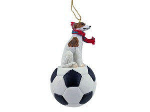Brindle & White Whippet Dog on Soccer Ball Christmas Ornament – Hand-Painted Stone Resin