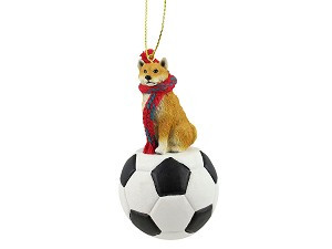 Shiba Inu Dog on Soccer Ball Christmas Ornament – Hand-Painted Stone Resin
