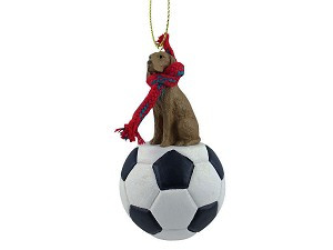 Vizsla Dog on Soccer Ball Christmas Ornament – Hand-Painted Stone Resin