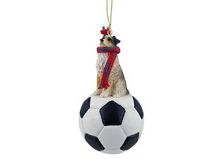 Brown Docked Tail Australian Shepherd Dog on Soccer Ball Christmas Ornament