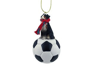 Tricolor with Docked Tail Australian Shepherd Dog on Soccer Ball Christmas Ornament