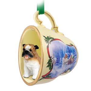 Bulldog in Sleigh Ride Tea Cup Christmas Ornament – Hand-Painted Stone Resin