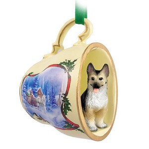 Tan Black German Shepherd Dog in Sleigh Ride Tea Cup Christmas Ornament – Hand-Painted Stone Resin