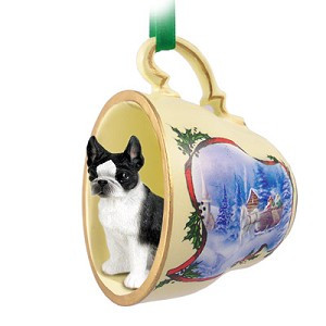 Boston Terrier Dog in Sleigh Ride Tea Cup Christmas Ornament – Hand-Painted Stone Resin
