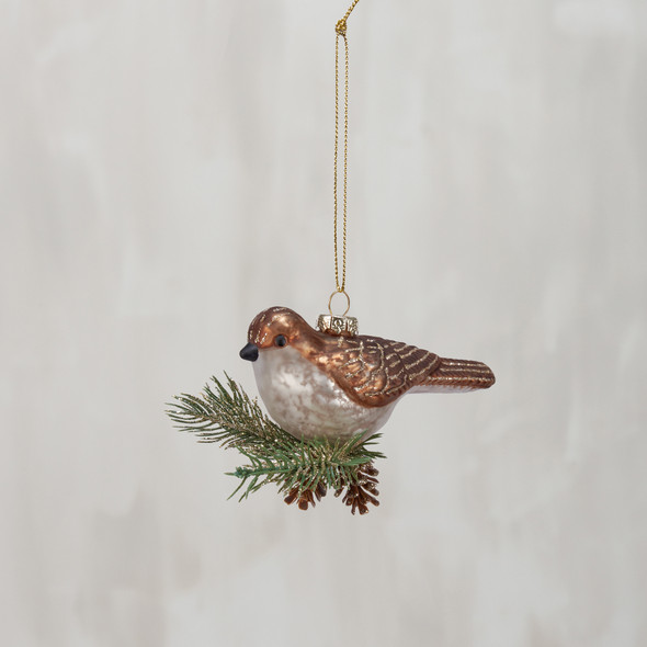 Hanging Glass Christmas Ornament - Glitter Partridge Bird On Pine Tree Branch 4 Inch from Primitives by Kathy