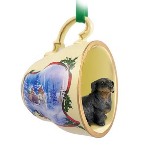 Black Dachshund Dog in Sleigh Ride Tea Cup Christmas Ornament – Hand-Painted Stone Resin