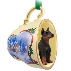 Red Doberman Pinscher Dog in Sleigh Ride Tea Cup Christmas Ornament – Hand-Painted Stone Resin