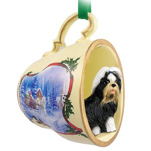 Black & White Shih Tzu Dog in Sleigh Ride Tea Cup Christmas Ornament – Hand-Painted Stone Resin