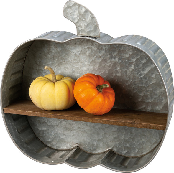 Decorative Rustic Galvanized Metal Wall Shelf - Pumpkin Shaped 14.5 In x 13.5 In - Halloween Collection from Primitives by Kathy