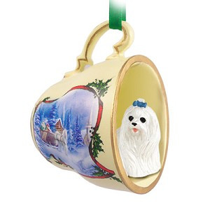 Maltese Dog in Sleigh Ride Tea Cup Christmas Ornament – Hand-Painted Stone Resin