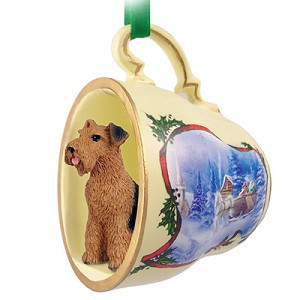 Airedale Dog in Sleigh Ride Tea Cup Christmas Ornament – Hand-Painted Stone Resin