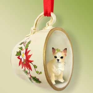 Tan & White Chihuahua Dog in Red Holiday Tea Cup Christmas Ornament – Hand-Painted Stone Resin