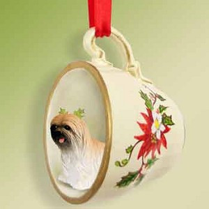 Brown Lhasa Apso Dog in Red Holiday Tea Cup Christmas Ornament – Hand-Painted Stone Resin