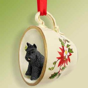 Black Schnauzer Dog in Red Holiday Tea Cup Christmas Ornament – Hand-Painted Stone Resin