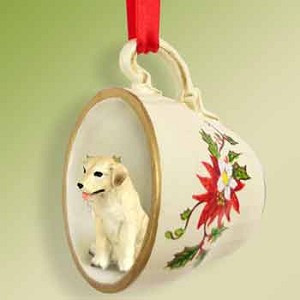 Yellow Labrador Retriever Dog in Red Holiday Tea Cup Christmas Ornament – Hand-Painted Stone Resin