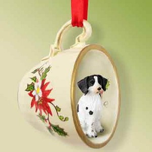 Liver & White Brittany Dog in Red Holiday Tea Cup Christmas Ornament – Hand-Painted Stone Resin