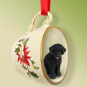 Black Portuguese Water Dog in Red Holiday Tea Cup Christmas Ornament – Hand-Painted Stone Resin
