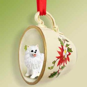 Miniature American Eskimo Dog in Red Holiday Tea Cup Christmas Ornament – Hand-Painted Stone Resin