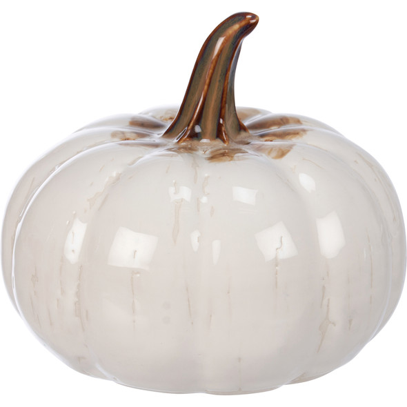 Decorative Stoneware Glazed White Pumpkin Figurine - 6 In x 5.25 In - Fall & Harvest Collection from Primitives by Kathy