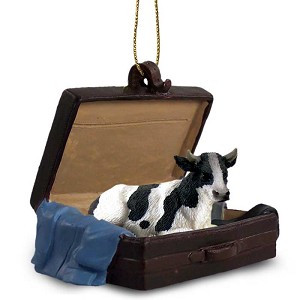 Black and White Holstein Bull in Travel Suitcase Hanging Ornament – Hand-Painted Stone Resin
