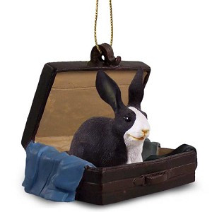 Black & White Rabbit in Travel Suitcase Hanging Ornament – Hand-Painted Stone Resin