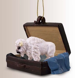 White Buffalo in Travel Suitcase Hanging Ornament – Hand-Painted Stone Resin