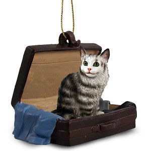 Silver Tabby Maine Coon Cat in Travel Suitcase Hanging Ornament – Hand-Painted Stone Resin