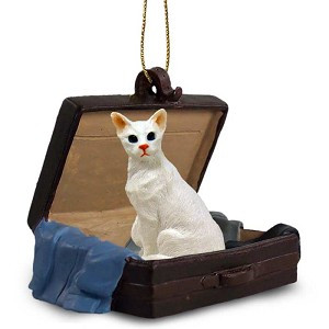 White Oriental Shorthair Cat in Travel Suitcase Hanging Ornament – Hand-Painted Stone Resin