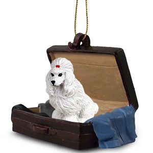 White Poodle Dog in Travel Suitcase Christmas Ornament – Hand-Painted Stone Resin