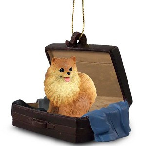 Red Pomeranian Dog in Travel Suitcase Hanging Ornament – Hand-Painted Stone Resin
