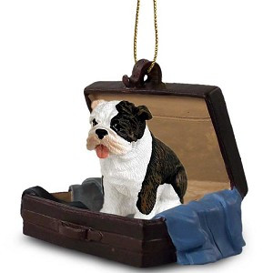 Brindle Bulldog in Travel Suitcase Hanging Ornament – Hand-Painted Stone Resin