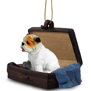 White Bulldog in Travel Suitcase Hanging Ornament – Hand-Painted Stone Resin