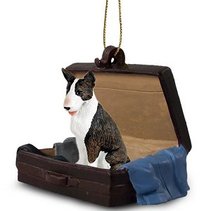 Brindle Bull Terrier Dog in Travel Suitcase Hanging Ornament – Hand-Painted Stone Resin