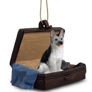 Black and Silver German Shepherd Dog in Travel Suitcase Hanging Ornament – Hand-Painted Stone Resin