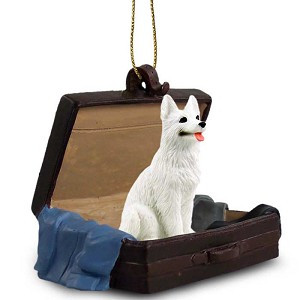 White German Shepherd Dog in Travel Suitcase Hanging Ornament – Hand-Painted Stone Resin