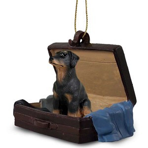 Black with Uncropped Ears Doberman Pinscher Dog in Travel Suitcase Hanging Ornament