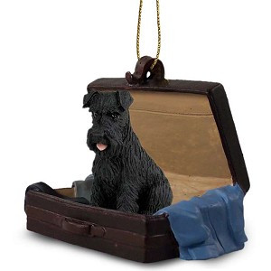 Black Uncropped Ears Schnauzer Dog in Travel Suitcase Hanging Ornament – Hand-Painted Stone Resin