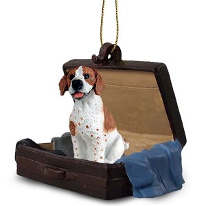 Brown & White Pointer Dog in Travel Suitcase Hanging Ornament – Hand-Painted Stone Resin
