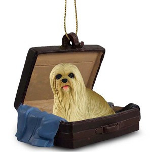 Blonde Lhasa Apso Dog in Travel Suitcase Hanging Ornament – Hand-Painted Stone Resin