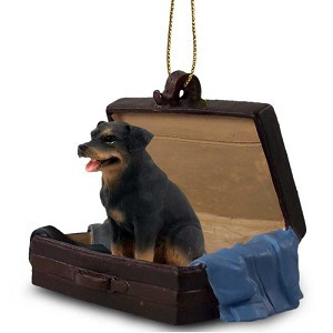 Black and Tan Rottweiler Dog in Travel Suitcase Hanging Ornament – Hand-Painted Stone Resin