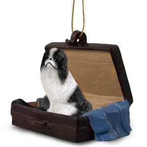 Black & White Japanese Chin Dog in Travel Suitcase Hanging Ornament – Hand-Painted Stone Resin