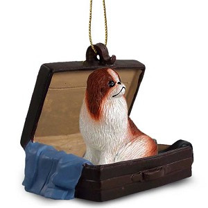 Red & White Japanese Chin Dog in Travel Suitcase Hanging Ornament – Hand-Painted Stone Resin