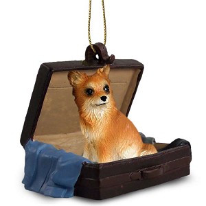 Longhaired Chihuahua Dog in Travel Suitcase Hanging Ornament – Hand-Painted Stone Resin