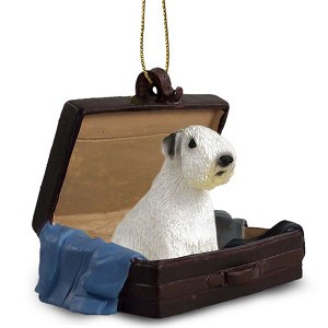 White Sealyham Terrier Dog in Travel Suitcase Hanging Ornament – Hand-Painted Stone Resin