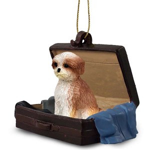 Tan Sport Cut Shih Tzu Dog in Travel Suitcase Hanging Ornament – Hand-Painted Stone Resin