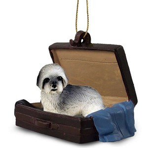 Gray Sport Cut Lhasa Apso Dog in Travel Suitcase Hanging Ornament – Hand-Painted Stone Resin
