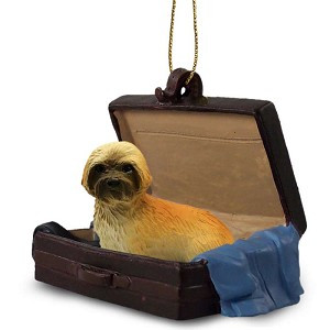 Brown Sport Cut Lhasa Apso Dog in Travel Suitcase Hanging Ornament – Hand-Painted Stone Resin