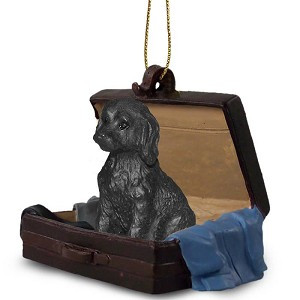 Black Labradoodle Dog in Travel Suitcase Hanging Ornament – Hand-Painted Stone Resin