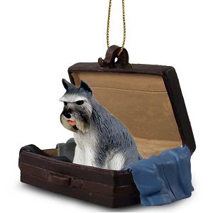 Gray Schnauzer Dog in Travel Suitcase Hanging Ornament – Hand-Painted Stone Resin